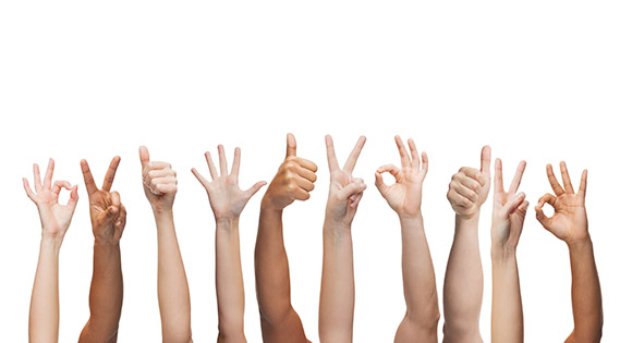 human hands showing thumbs up, ok and peace signs 人生就是博-尊龙凯时中国官网